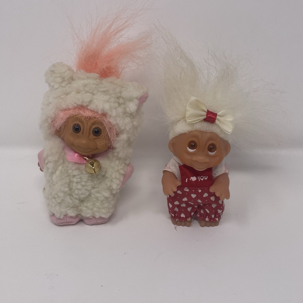 Vtg DAM 1985 Troll Doll I Love You & Russ Berrie Plush Lamb Sheep Outfit 3" 4"